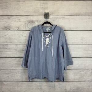 Free Assembly Plus Size Blue & White Striped Lace Up Hooded Pullover Size XXL